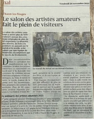 Mention dans la presse le vendredi 24 novembre 2023. Titre de l'article : le salon des artistes amateurs fait le plein de visiteurs.